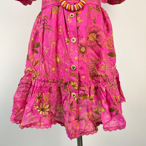 NWOT Farm Rio x Anthropologie Beaded Belt Puff Sleeve Pink Mini Dress Sz M - Picture 4 of 12